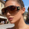 Women's Oversized Shield Mask Sunglasses, Brown, view 2