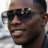 Men's Oversized Square Sunglasses, Black & Gold Brow Bar, view 2