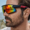 Polarised Shield Sports Sunglasses, Rainbow Mirror in black frame with rainbow mirror lens