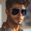 Men's Oversized Semi-Rimless Aviator Sunglasses, view 4