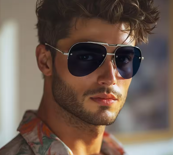Men Oversized Semi Rimless Pilot Sunglasses