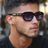 Men's Polarised Square Sunglasses, Black & Gold, view 4