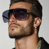 Men's Steampunk Rectangle Shield Sunglasses in black with gradient lens