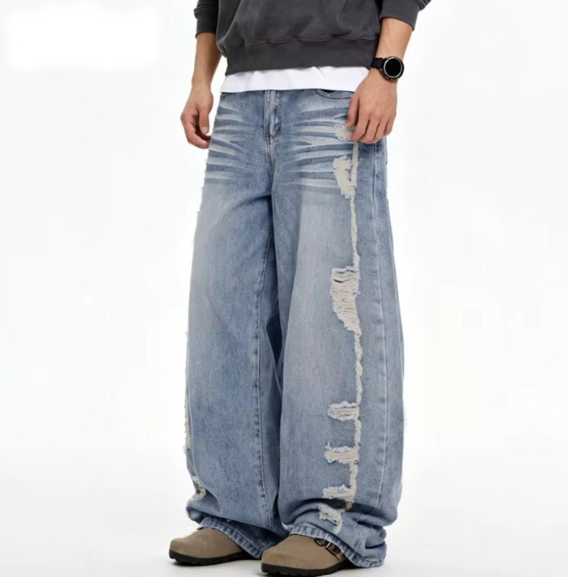 Men's American Retro High Street Blue Baggy Jeans - Image 4