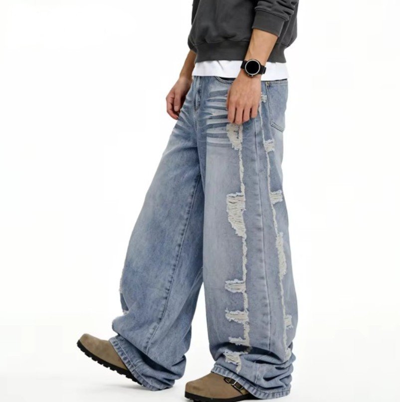 Men's American Retro High Street Blue Baggy Jeans - Image 3