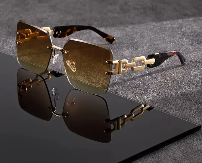Rimless Metal Chain Square Sunglasses (Leopard Brown) - Image 2